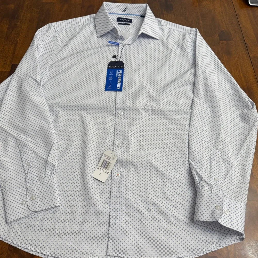 Nautica Mens‎ Slim Fit Performance Dress Shirt Blue Geo Print Long Sleeve Size L